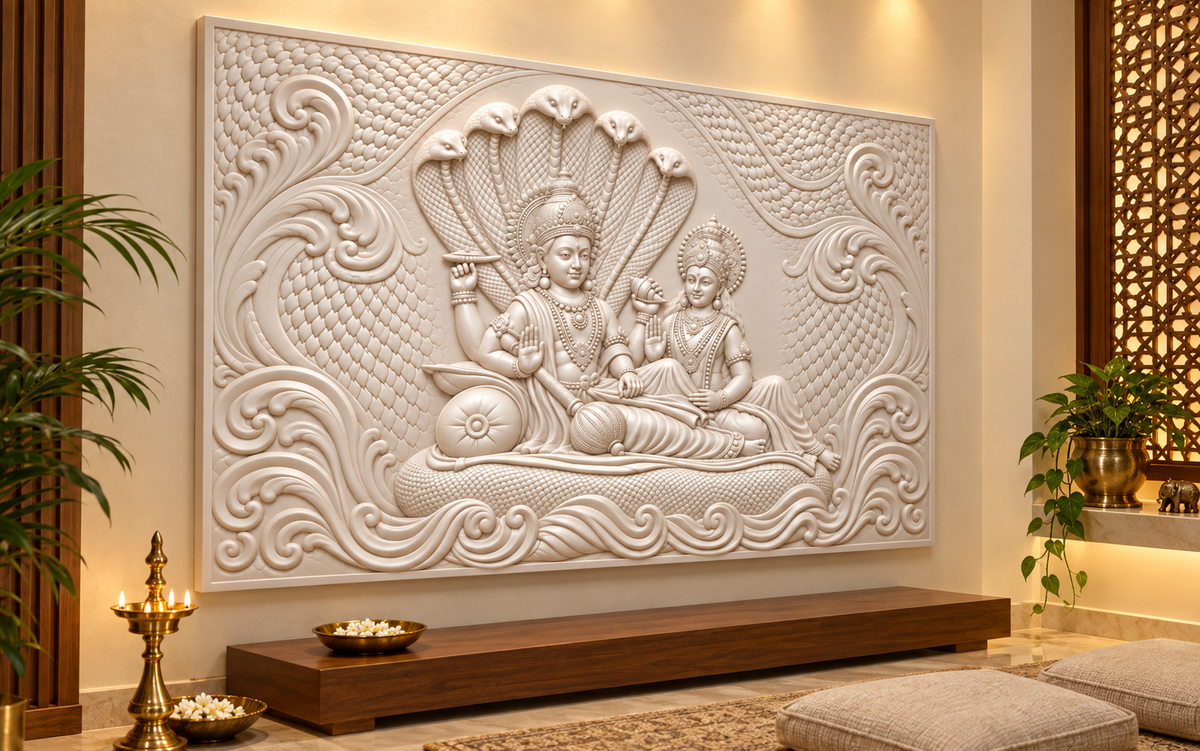 Serpent Canopy Divine Pair Corian wall panel, 4 x 2.5 ft, left view in pooja lounge, 12–24 mm total depth