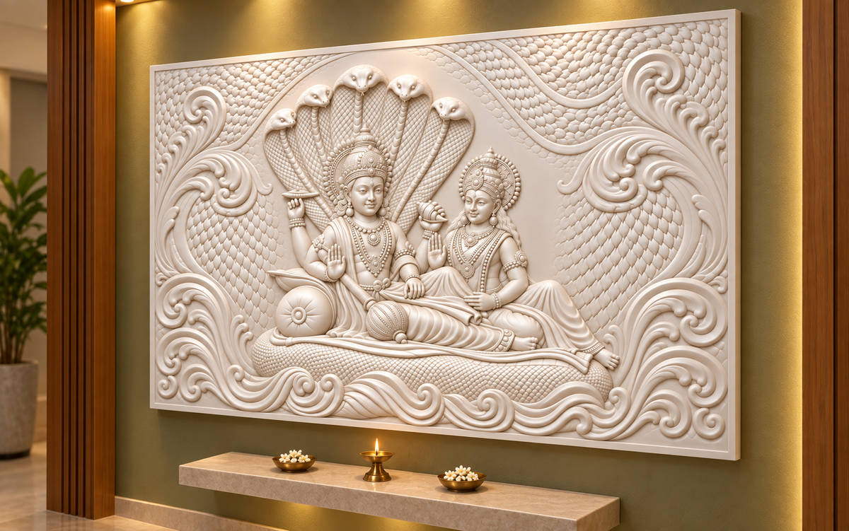 Serpent Canopy Divine Pair Corian wall panel, 4 x 2.5 ft, right view in devotional alcove, 12–24 mm total depth