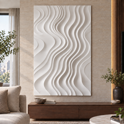 Serpentine Channel Flow Corian wall panel, front view in a Mumbai modern living room; AI-assisted concept visualisation