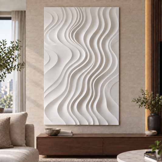 Serpentine Channel Flow Corian wall panel, front view in a Mumbai modern living room; AI-assisted concept visualisation