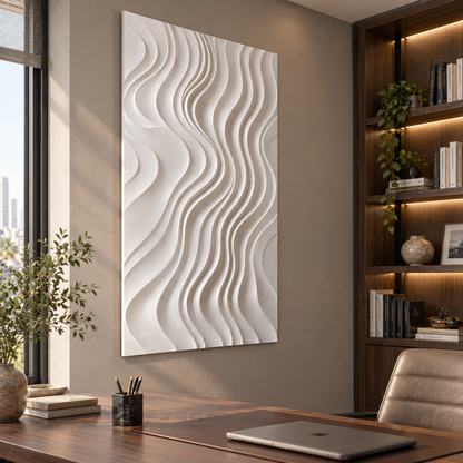 Serpentine Channel Flow Corian wall panel, left view in a Mumbai home study; AI-assisted concept visualisation