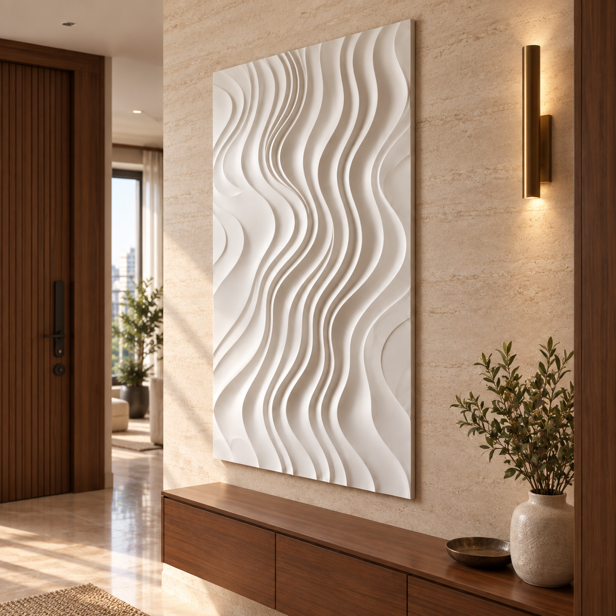 Serpentine Channel Flow Corian wall panel, right view in a Mumbai entrance passage; AI-assisted concept visualisation