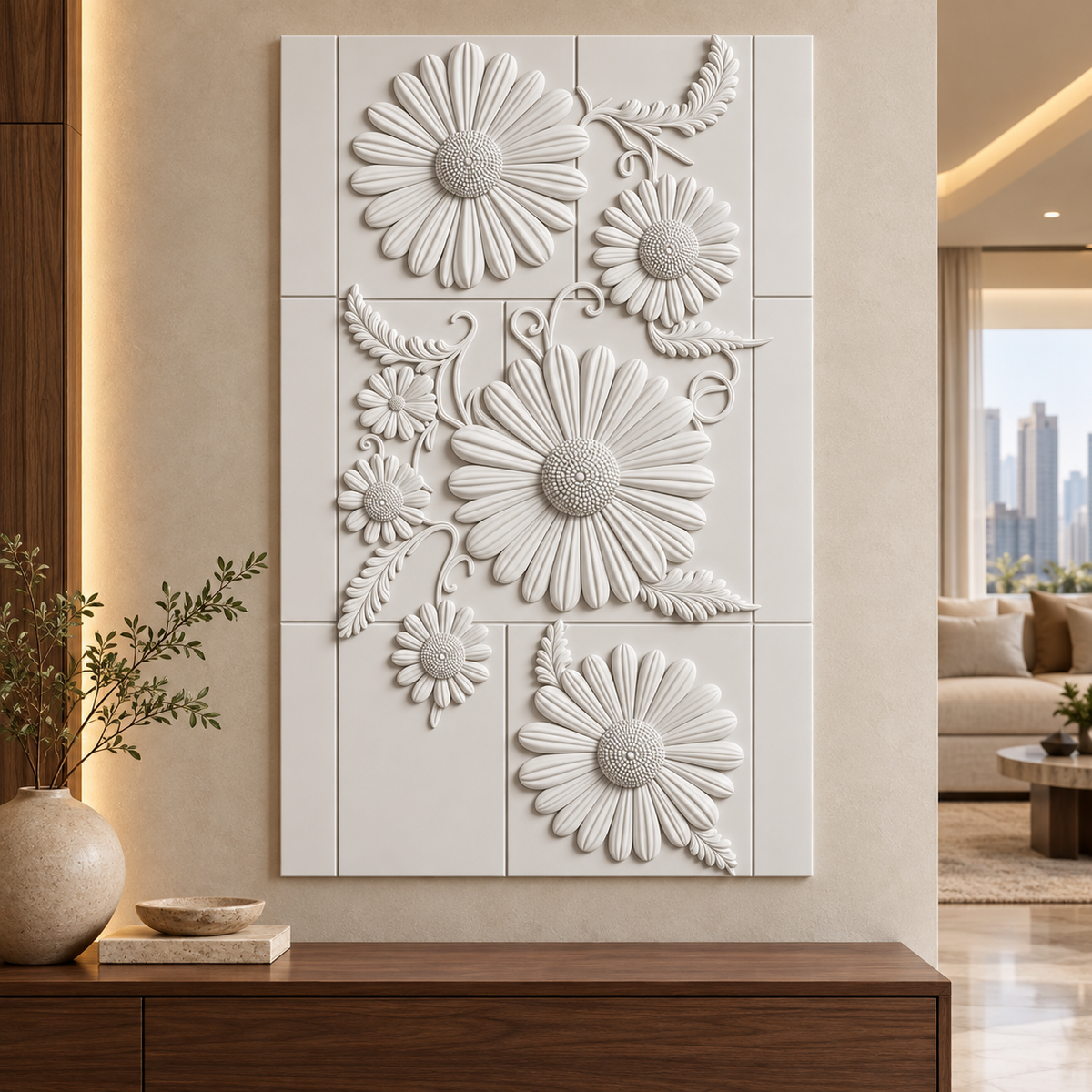 Seven Daisy Lattice Corian wall panel, front view in a Mumbai living room feature wall; AI-assisted concept visualisation