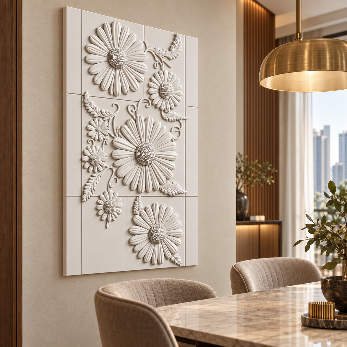 Seven Daisy Lattice Corian wall panel, left view in a Mumbai dining room accent wall; AI-assisted concept visualisation