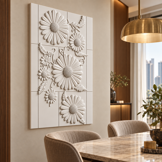Seven Daisy Lattice Corian wall panel, left view in a Mumbai dining room accent wall; AI-assisted concept visualisation