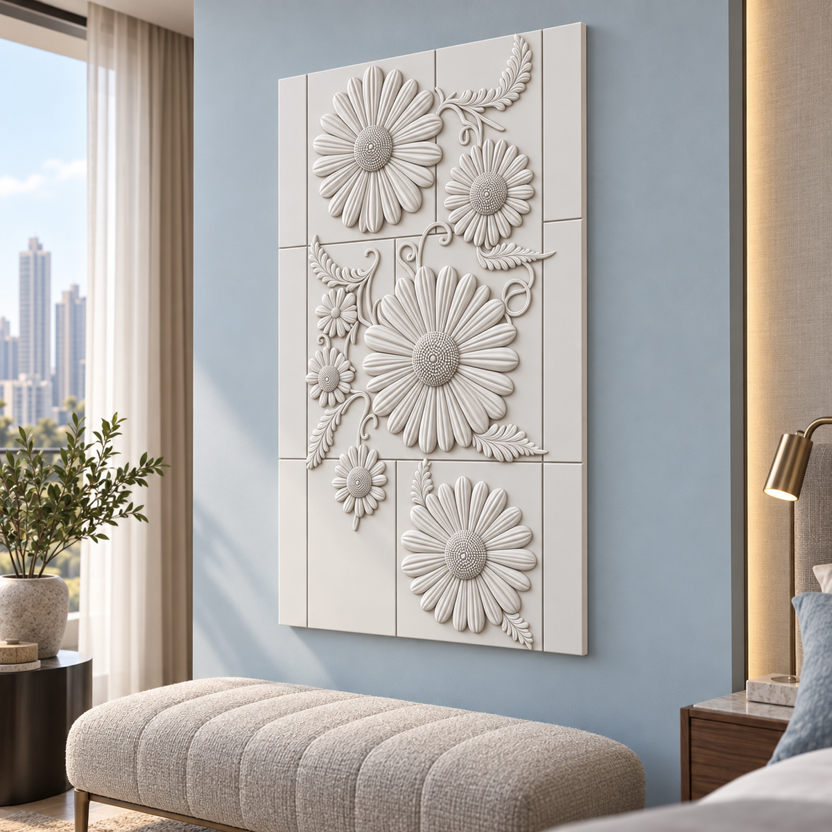 Seven Daisy Lattice Corian wall panel, right view in a Mumbai bedroom lounge; AI-assisted concept visualisation