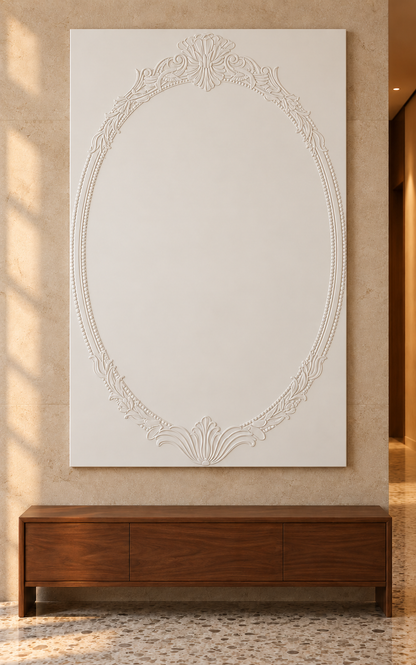 Front view of the white Shell Crest Beaded Oval Corian Wall Panel with a solid inset centre in a Mumbai limestone passage
