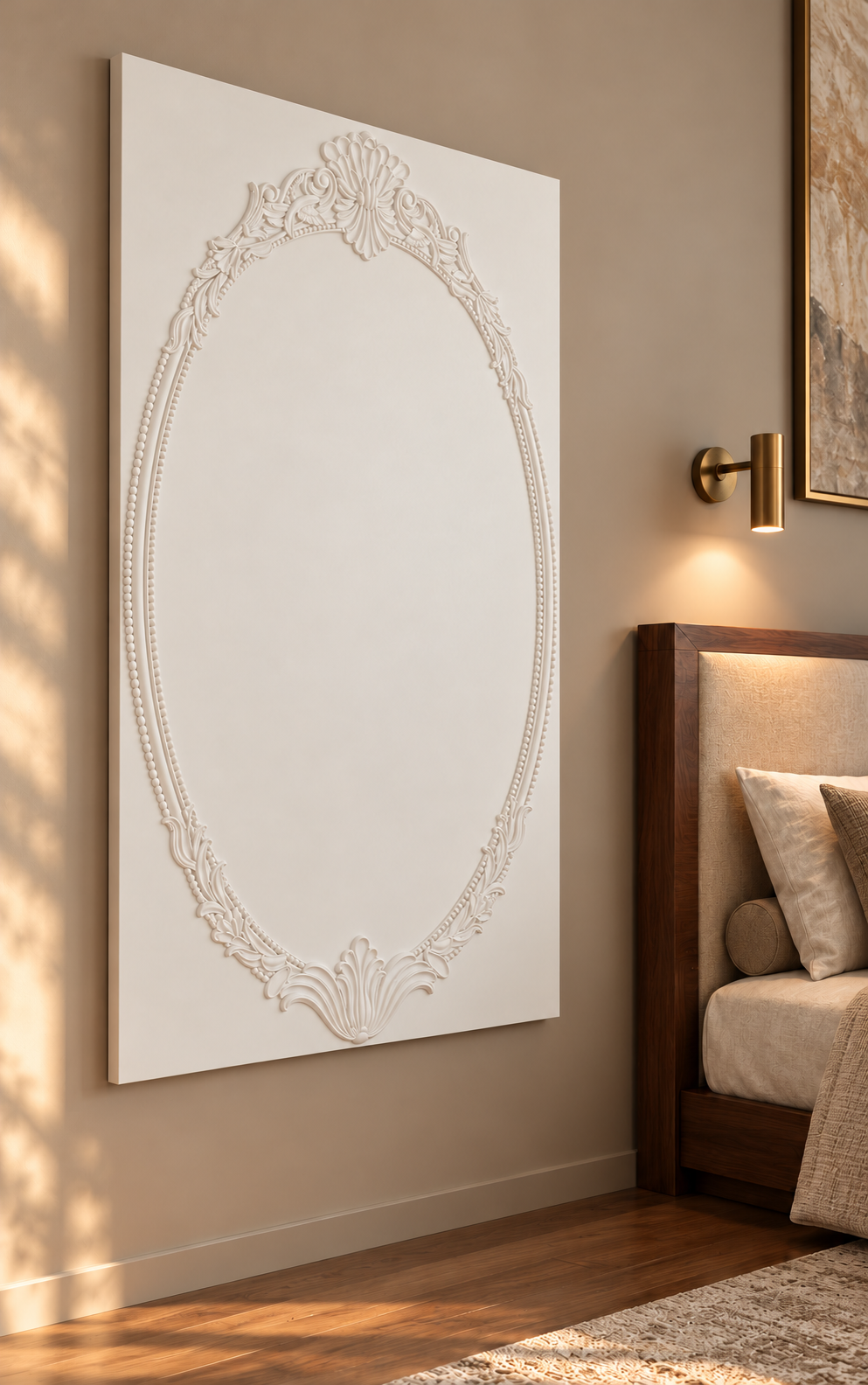 Left-angle view of the white Shell Crest Beaded Oval Corian Wall Panel with a solid inset centre in a Mumbai taupe bedroom