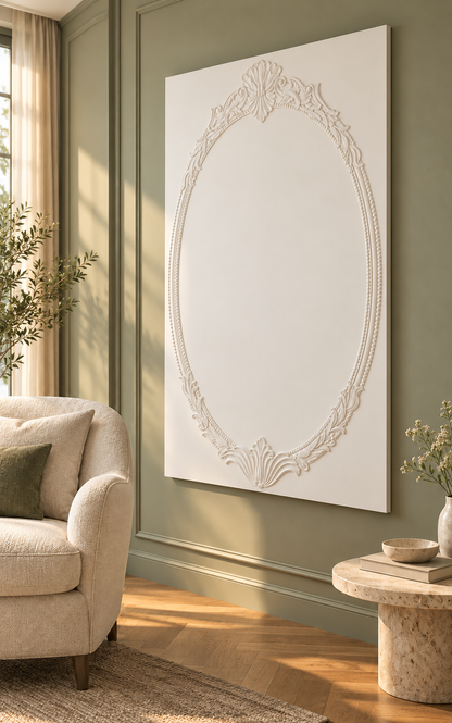 Right-angle view of the white Shell Crest Beaded Oval Corian Wall Panel with a solid inset centre in a Mumbai sage sitting room