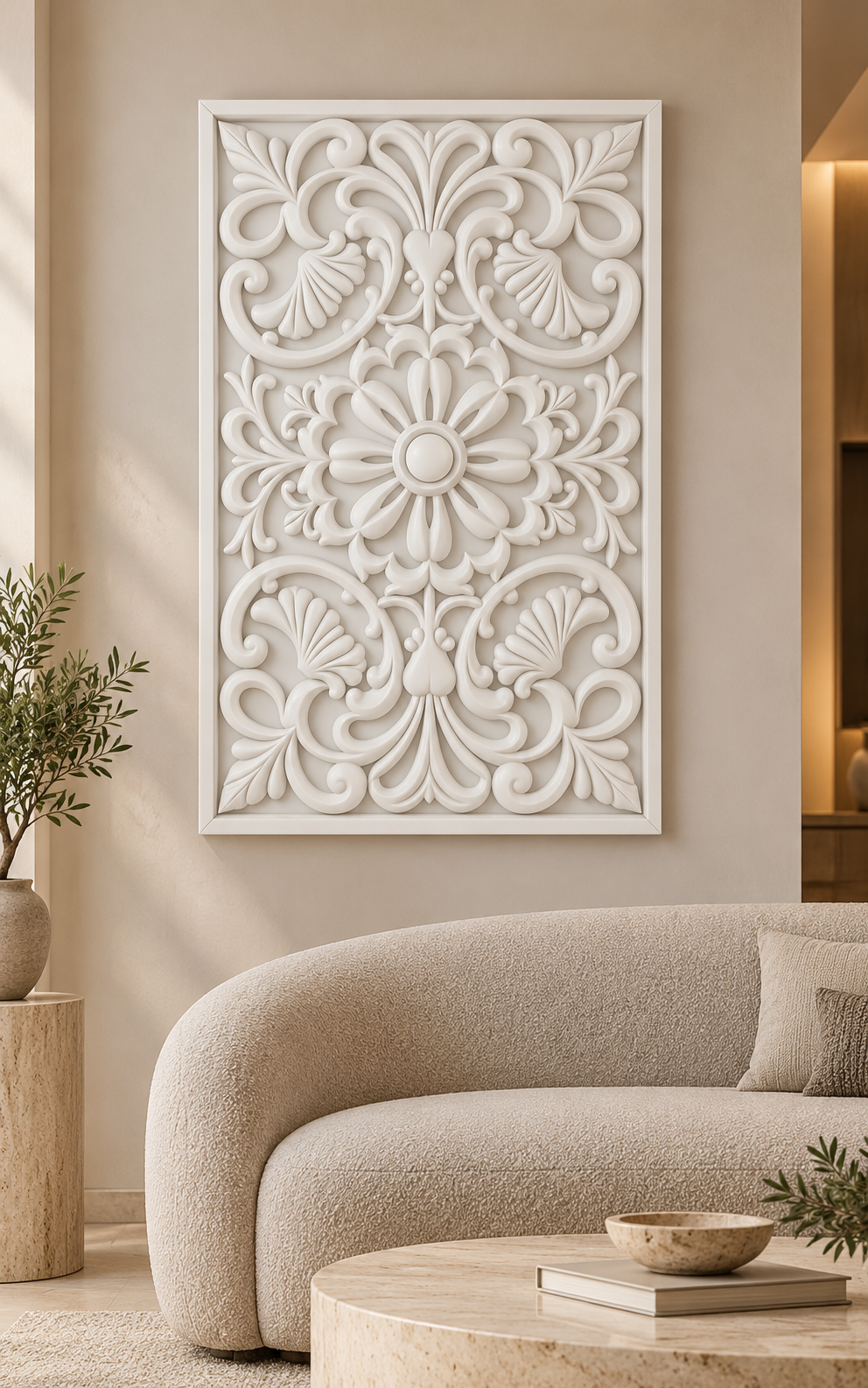Shell Fan Ribbon Flower Corian wall panel, front view on a classic living room wall in a Mumbai home; AI-assisted concept visualisation