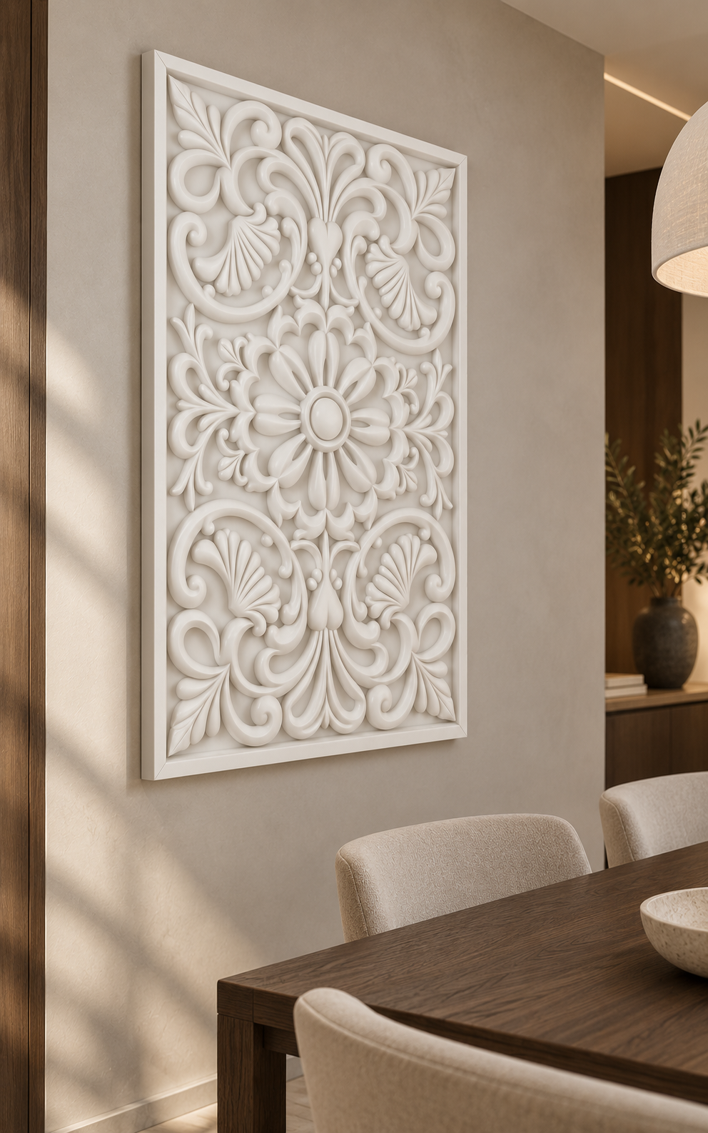 Shell Fan Ribbon Flower Corian wall panel, left view on a dining room alcove in a Mumbai home; AI-assisted concept visualisation