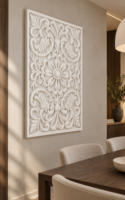 Shell Fan Ribbon Flower Corian wall panel, left view on a dining room alcove in a Mumbai home; AI-assisted concept visualisation