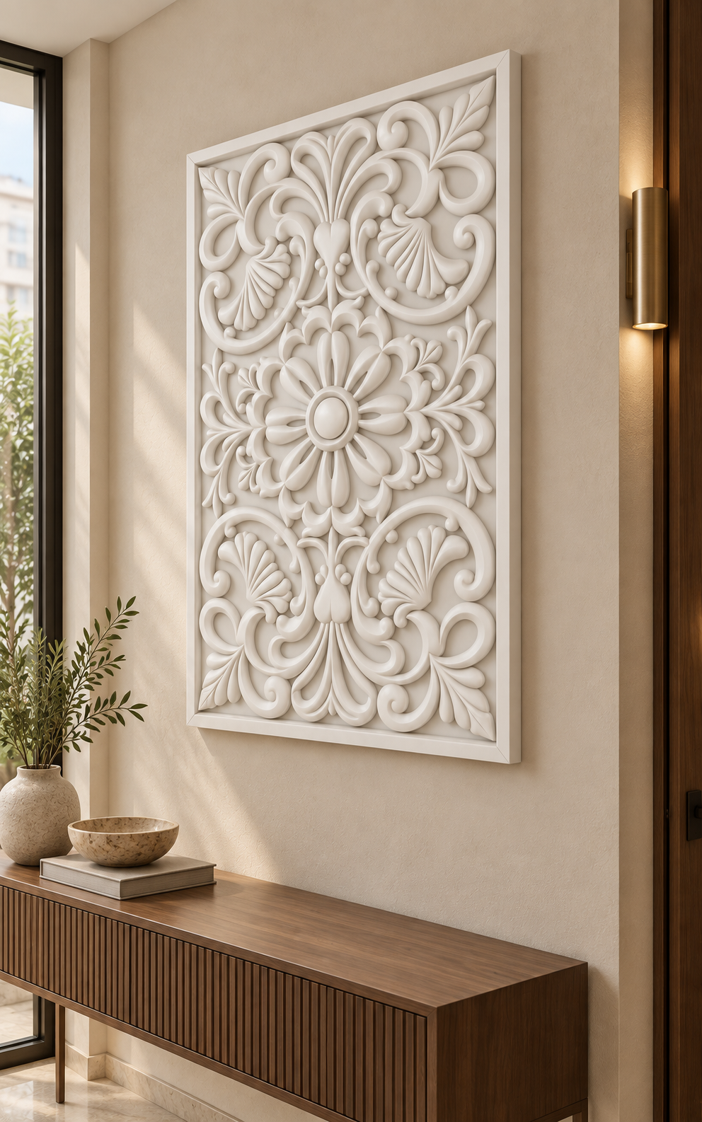 Shell Fan Ribbon Flower Corian wall panel, right view on an entrance reception wall in a Mumbai home; AI-assisted concept visualisation