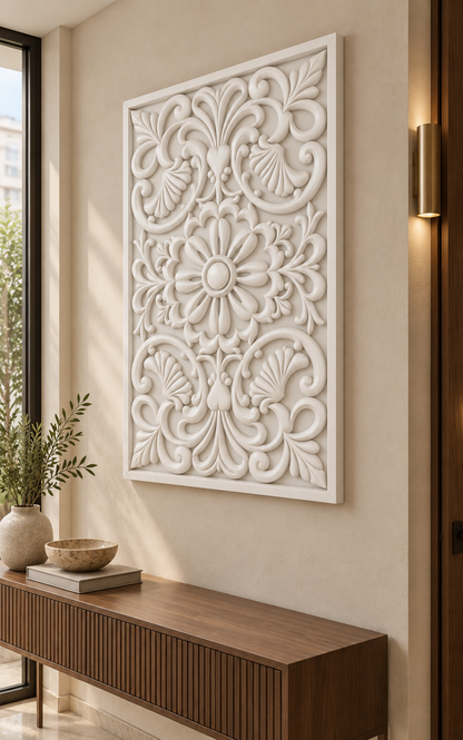 Shell Fan Ribbon Flower Corian wall panel, right view on an entrance reception wall in a Mumbai home; AI-assisted concept visualisation