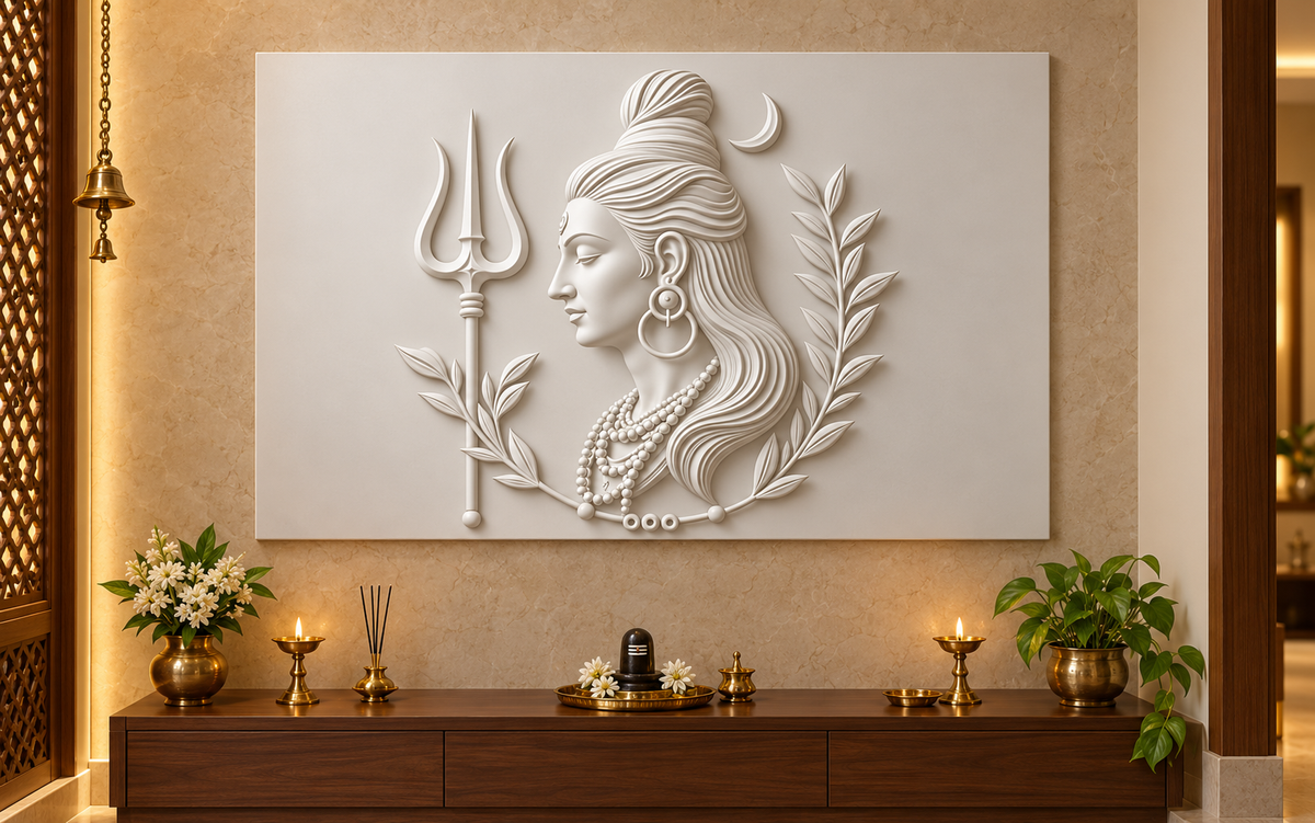 CWP-659 Shiva Crescent Leaf Wreath Corian Wall Panel, 4 ft wide x 2.5 ft high, front view in a Mumbai pooja room; AI-assisted concept visualisation