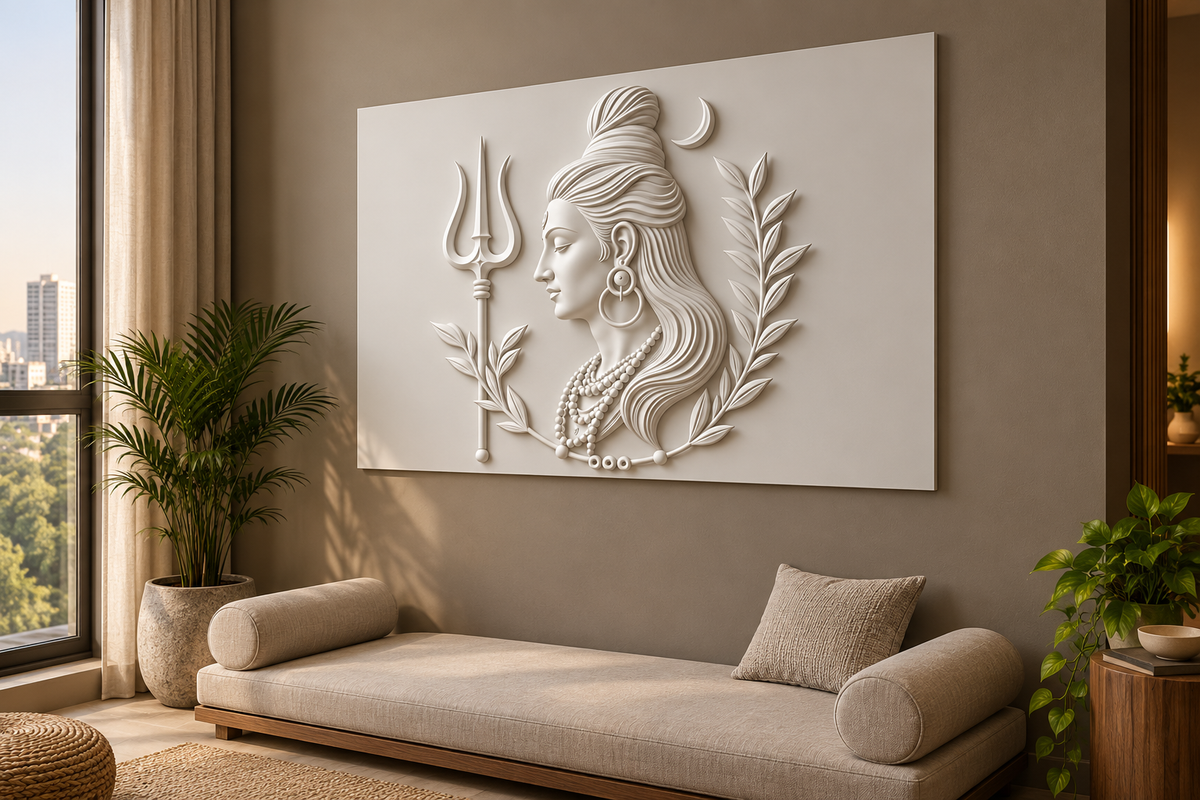 CWP-659 Shiva Crescent Leaf Wreath Corian Wall Panel, 4 ft wide x 2.5 ft high, right view in a Mumbai home meditation area; AI-assisted concept visualisation