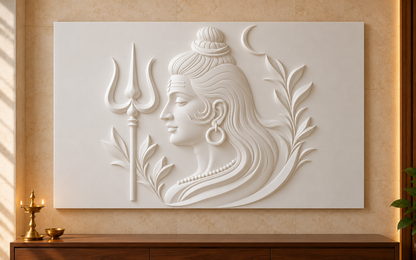 Front view of the white Shiva Crescent Trident Corian Wall Panel in a Mumbai limestone puja alcove