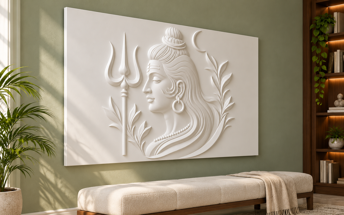 Left-angle view of the white Shiva Crescent Trident Corian Wall Panel in a Mumbai sage meditation and reading room
