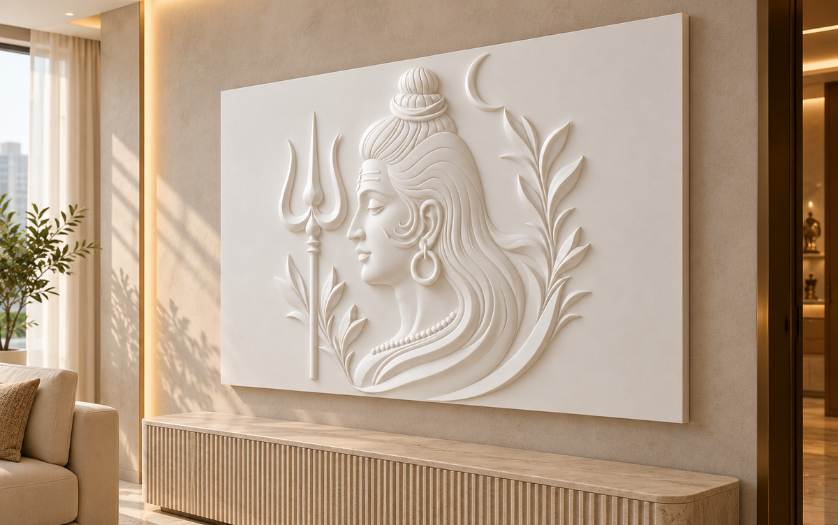 Right-angle view of the white Shiva Crescent Trident Corian Wall Panel in a Mumbai grey living room with a travertine console