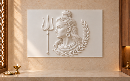 Shiva Trident Laurel Corian wall panel, front view in a Mumbai pooja room wall; AI-assisted concept visualisation