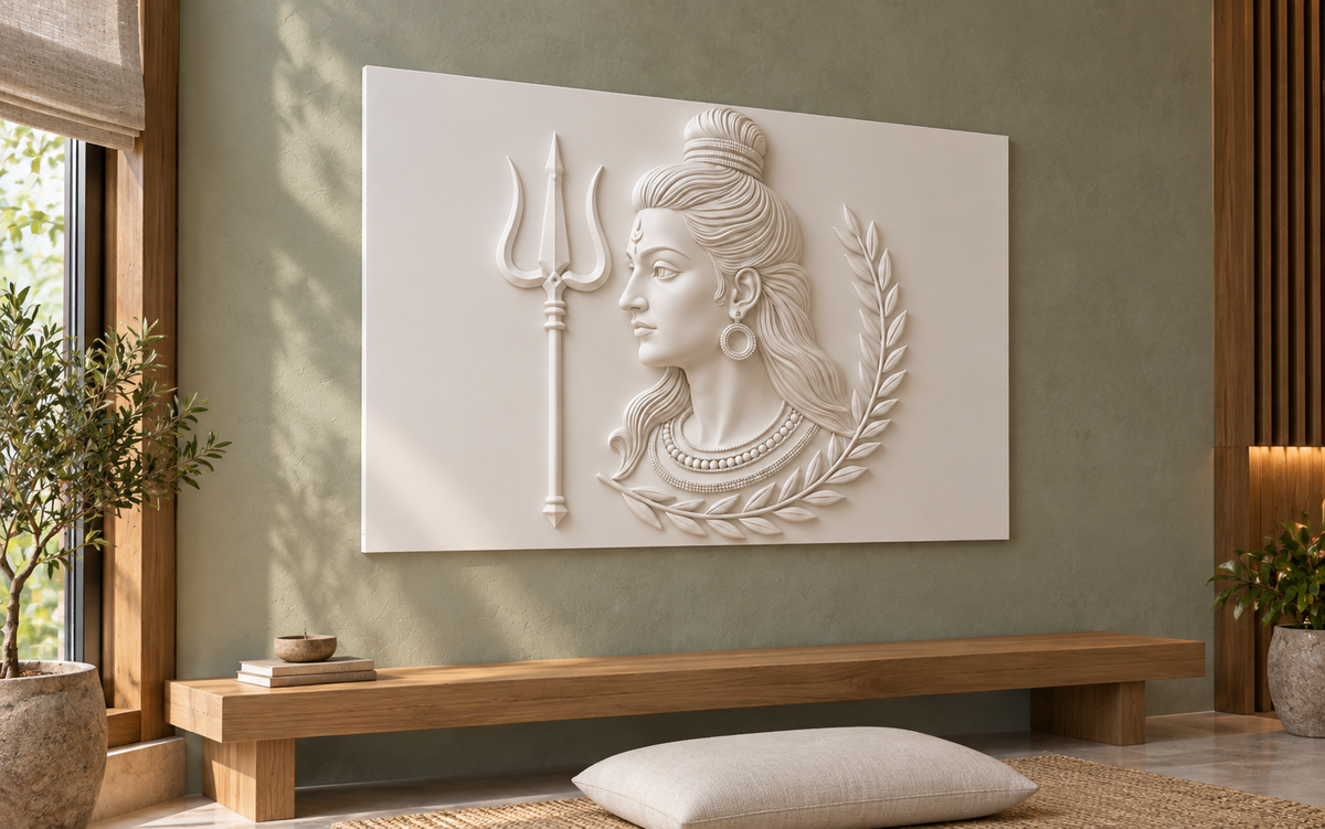 Shiva Trident Laurel Corian wall panel, left view in a Mumbai meditation alcove; AI-assisted concept visualisation