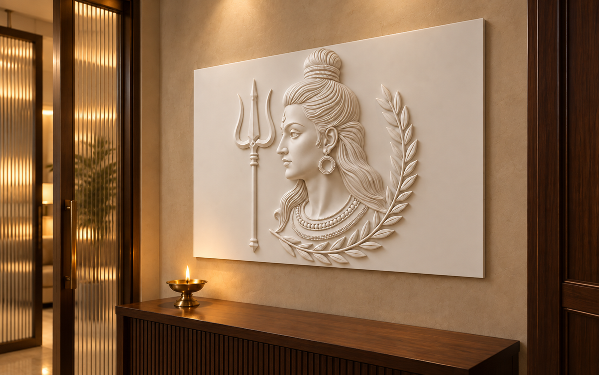 Shiva Trident Laurel Corian wall panel, right view in a Mumbai entrance devotional niche; AI-assisted concept visualisation