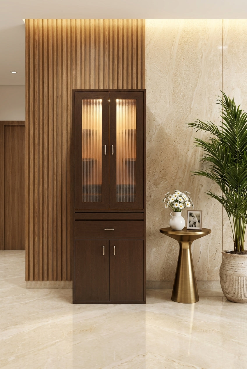 Simple Corian Mandir for Home with Fluted Panels and Shelves — Luxury Home Interior — Satguru Creations