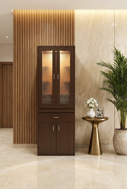 Simple Corian Mandir for Home with Fluted Panels and Shelves — Luxury Home Interior — Satguru Creations