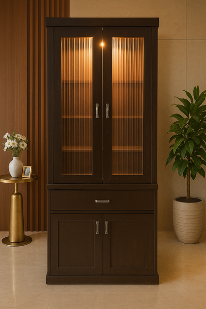 Simple Corian Mandir for Home with Fluted Panels and Shelves — Luxury Indian Home Interior — Satguru Creations