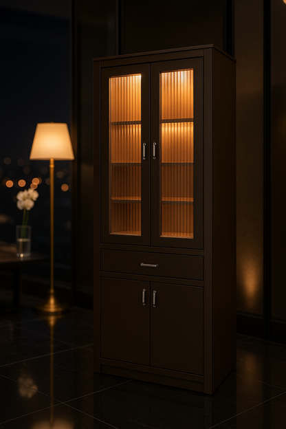 Simple Corian Mandir for Home with Fluted Panels and Shelves — Luxury Indian Home Interior — Satguru Creations