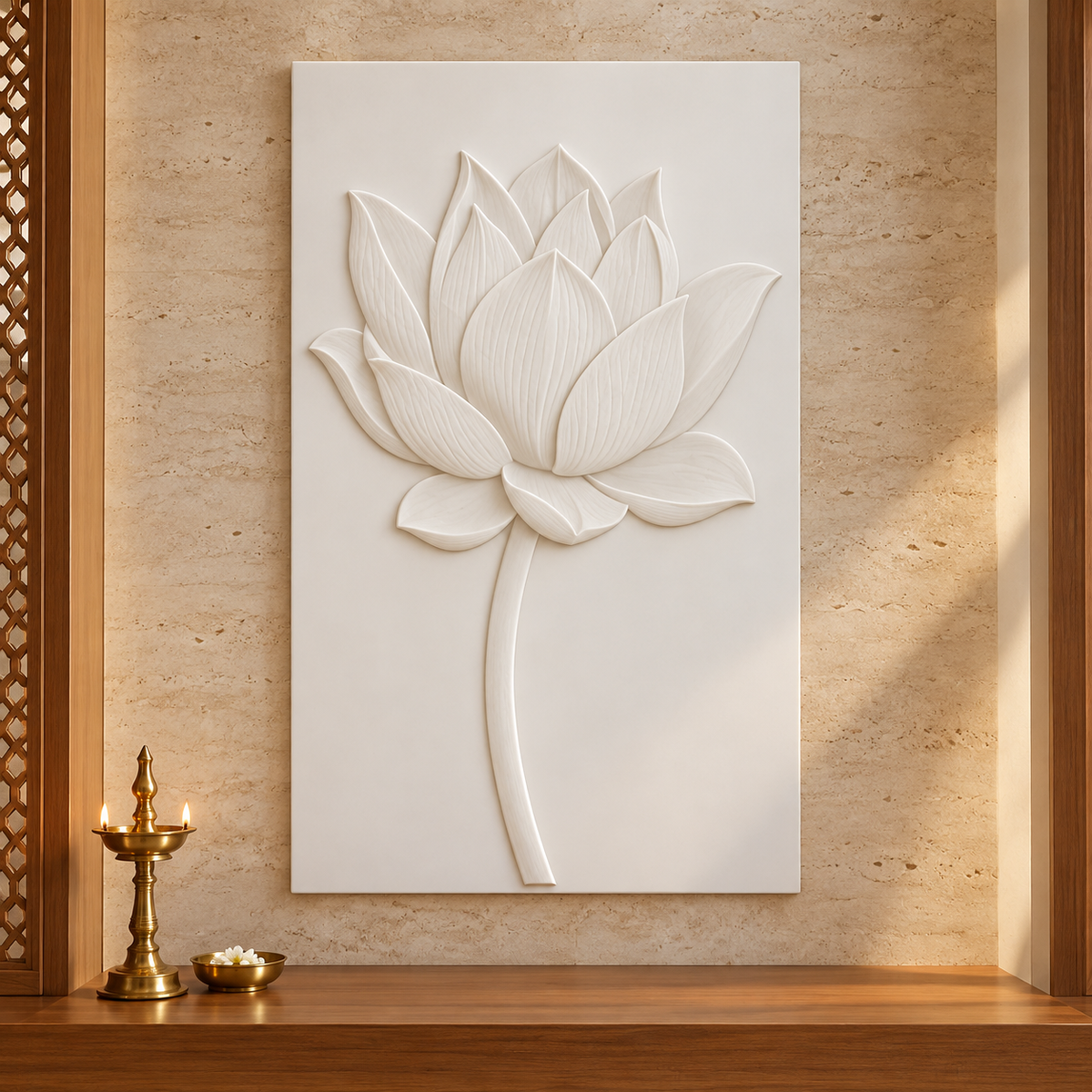 Single Lotus Bloom Corian wall panel, 2.5 x 4 ft, front view in pooja room, 12-24 mm total depth