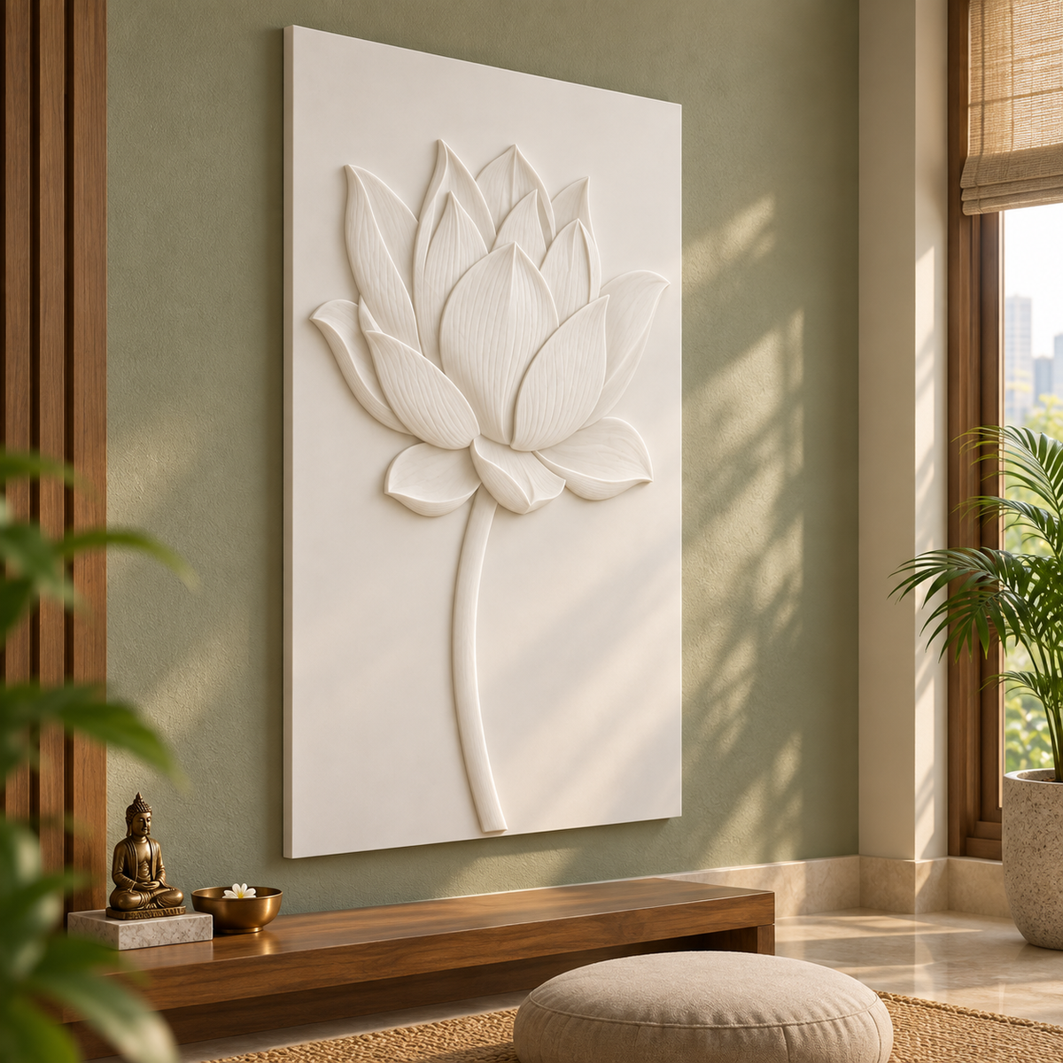 Single Lotus Bloom Corian wall panel, 2.5 x 4 ft, left view in meditation corner, 12-24 mm total depth