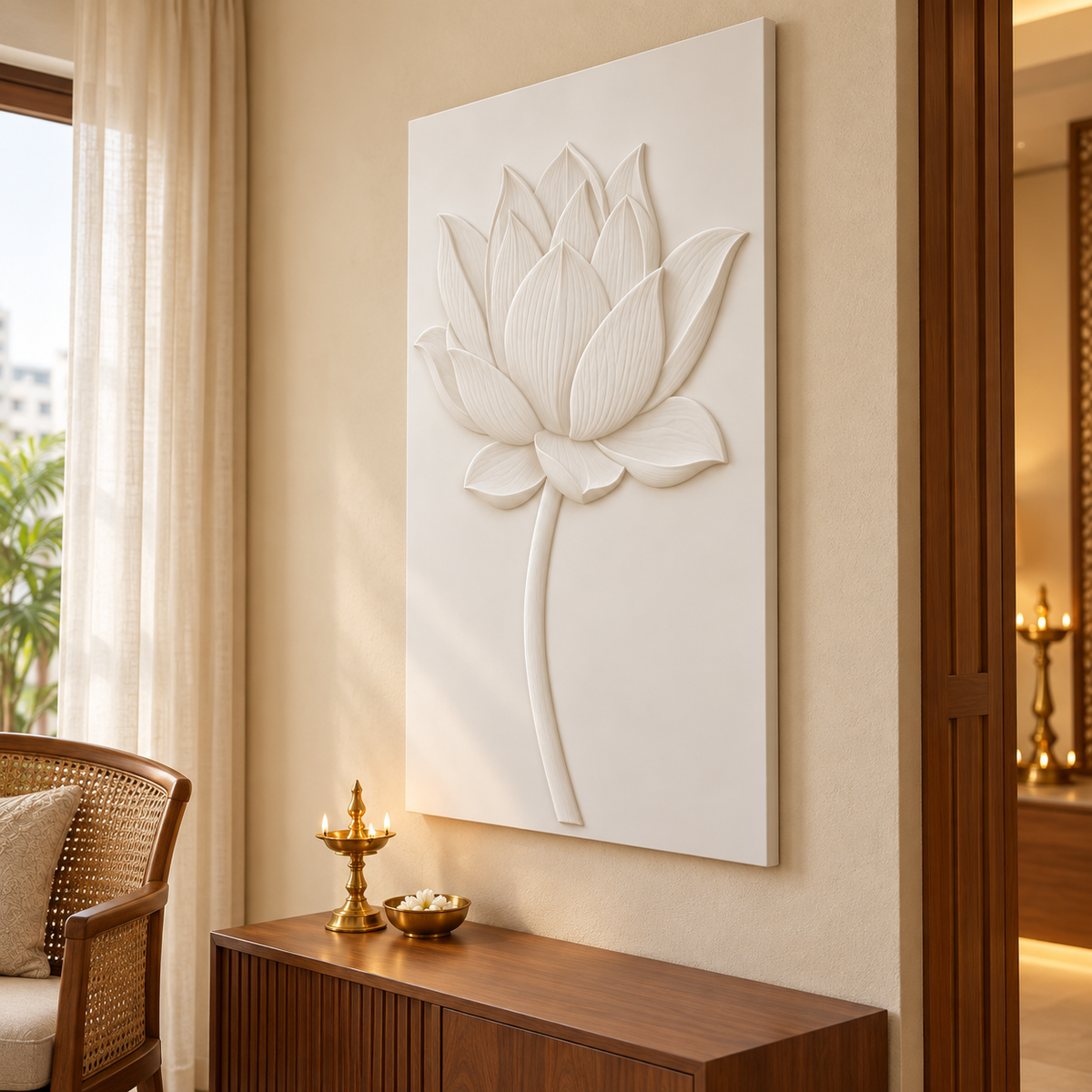 Single Lotus Bloom Corian wall panel, 2.5 x 4 ft, right view in devotional sitting room, 12-24 mm total depth