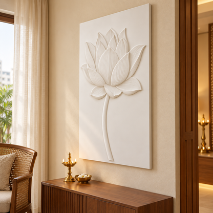 Single Lotus Bloom Corian wall panel, 2.5 x 4 ft, right view in devotional sitting room, 12-24 mm total depth