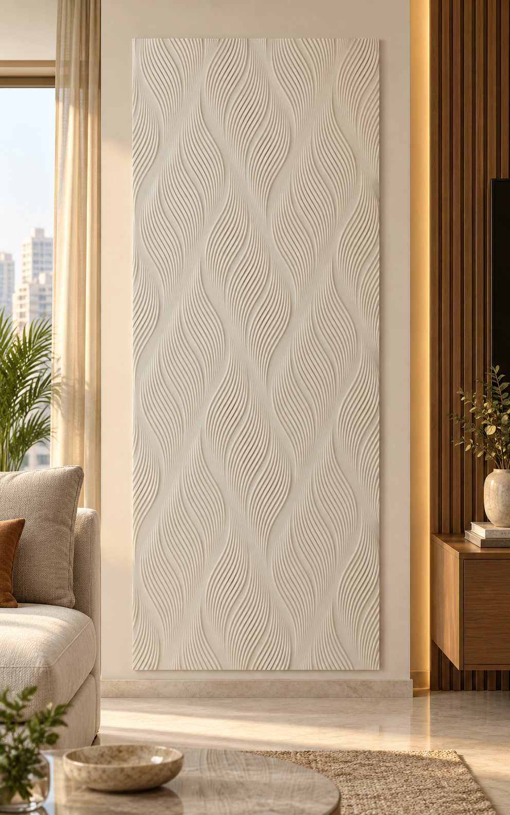Front view: fine vertical relief, straight ridges, calm linear effect in a satin white Corian wall panel.