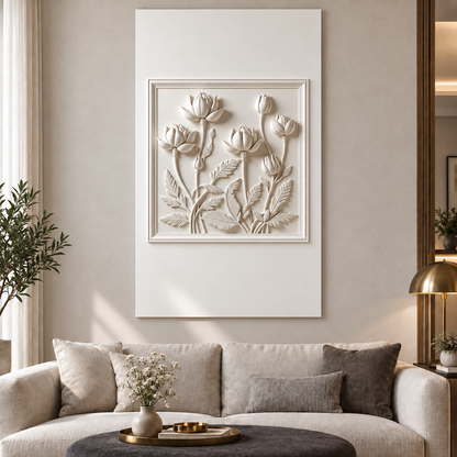 Six Bloom Stem Frame Corian Wall Panel, front view in a Mumbai apartment formal living room, 2.5 x 4 ft concept visualisation