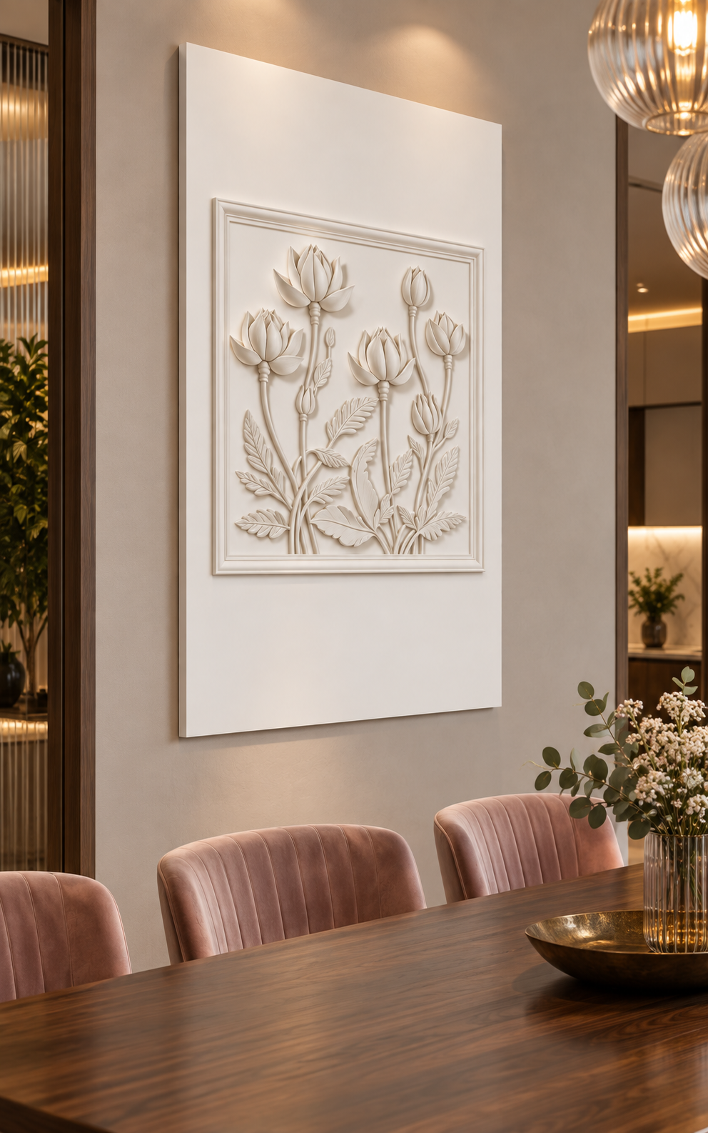 Six Bloom Stem Frame Corian Wall Panel, left view in a Mumbai apartment dining room, 2.5 x 4 ft concept visualisation