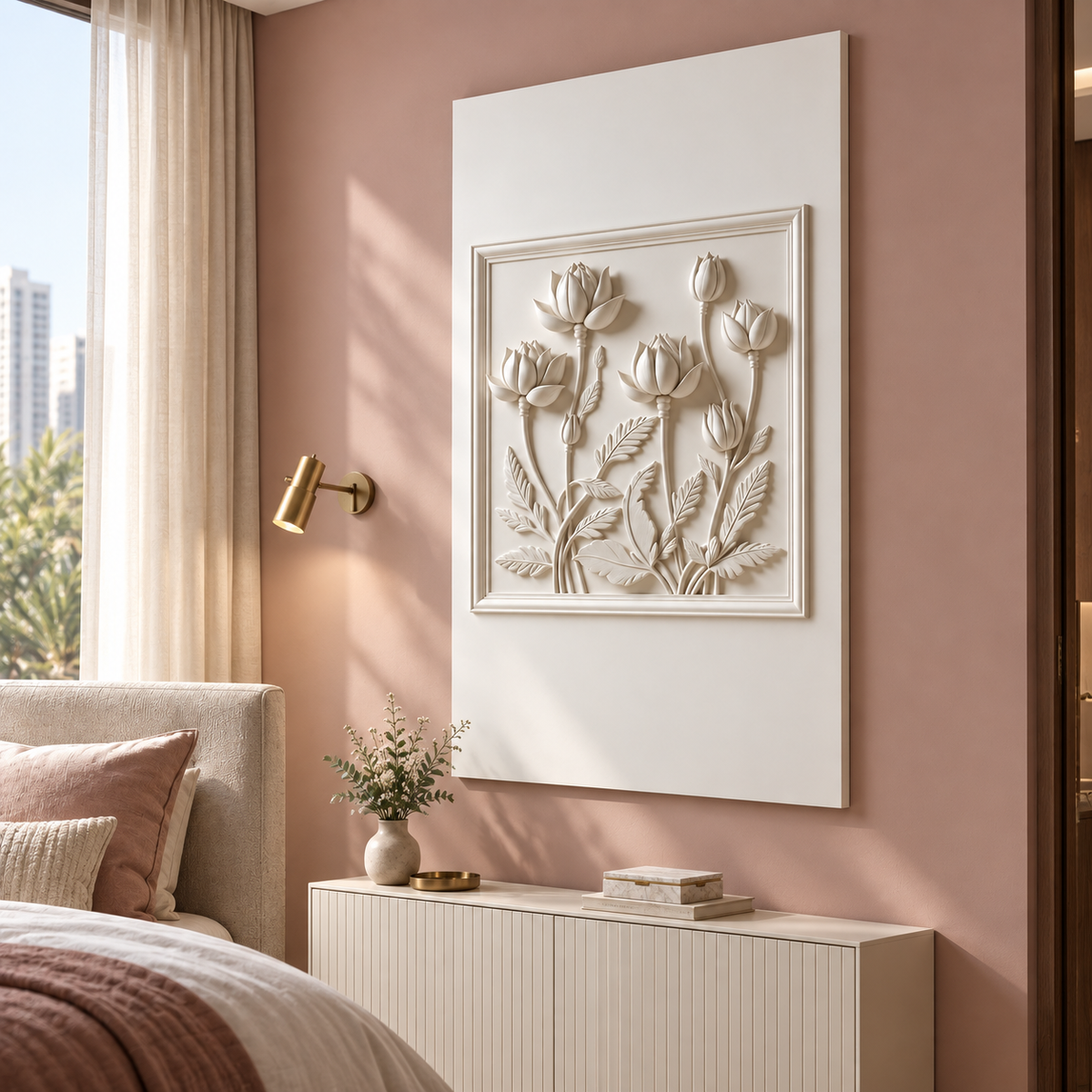 Six Bloom Stem Frame Corian Wall Panel, right view in a Mumbai apartment guest bedroom, 2.5 x 4 ft concept visualisation