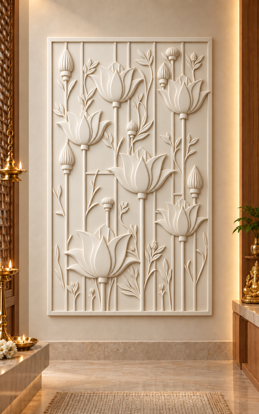 Six Lotus Stem Garden Corian wall panel, front view in a Mumbai home puja room; AI-assisted concept visualisation
