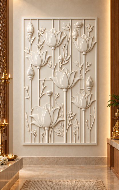 Six Lotus Stem Garden Corian wall panel, front view in a Mumbai home puja room; AI-assisted concept visualisation