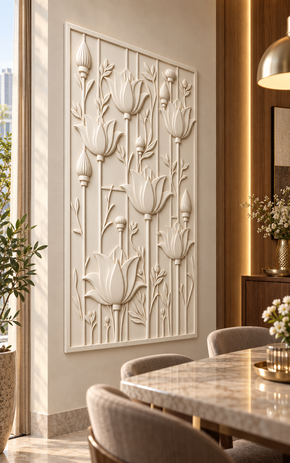 Six Lotus Stem Garden Corian wall panel, left view in a Mumbai dining room accent wall; AI-assisted concept visualisation