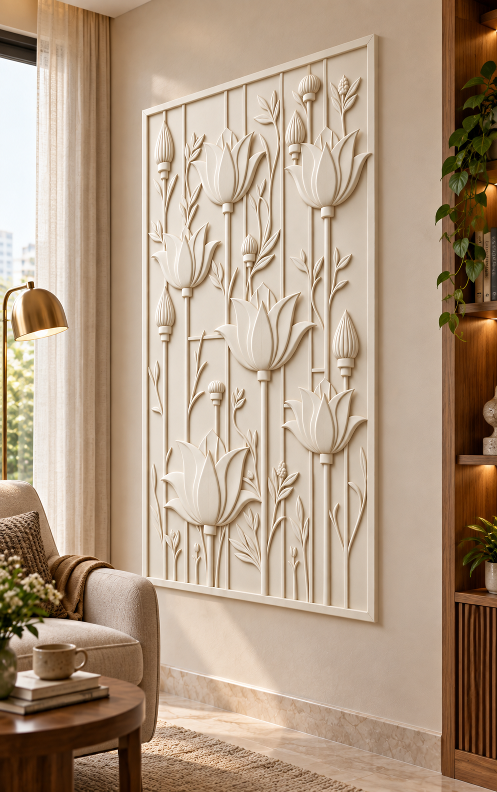 Six Lotus Stem Garden Corian wall panel, right view in a Mumbai living room reading corner; AI-assisted concept visualisation