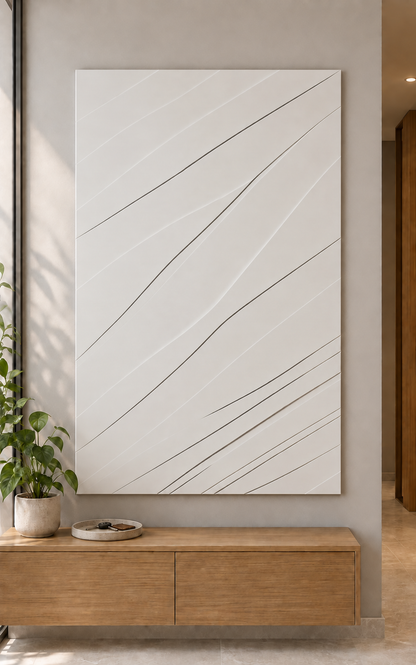 Slanting Dune Traces Corian wall panel, front view in a Mumbai apartment entrance foyer; AI-assisted concept visualisation