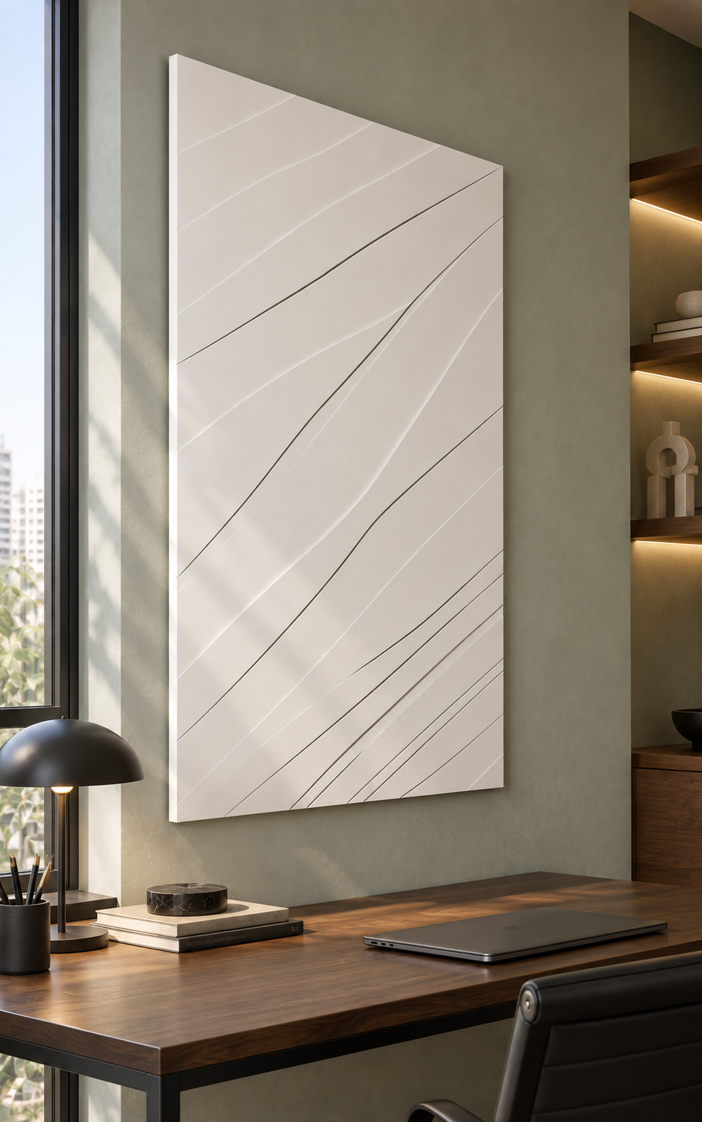 Slanting Dune Traces Corian wall panel, left view in a Mumbai contemporary study; AI-assisted concept visualisation