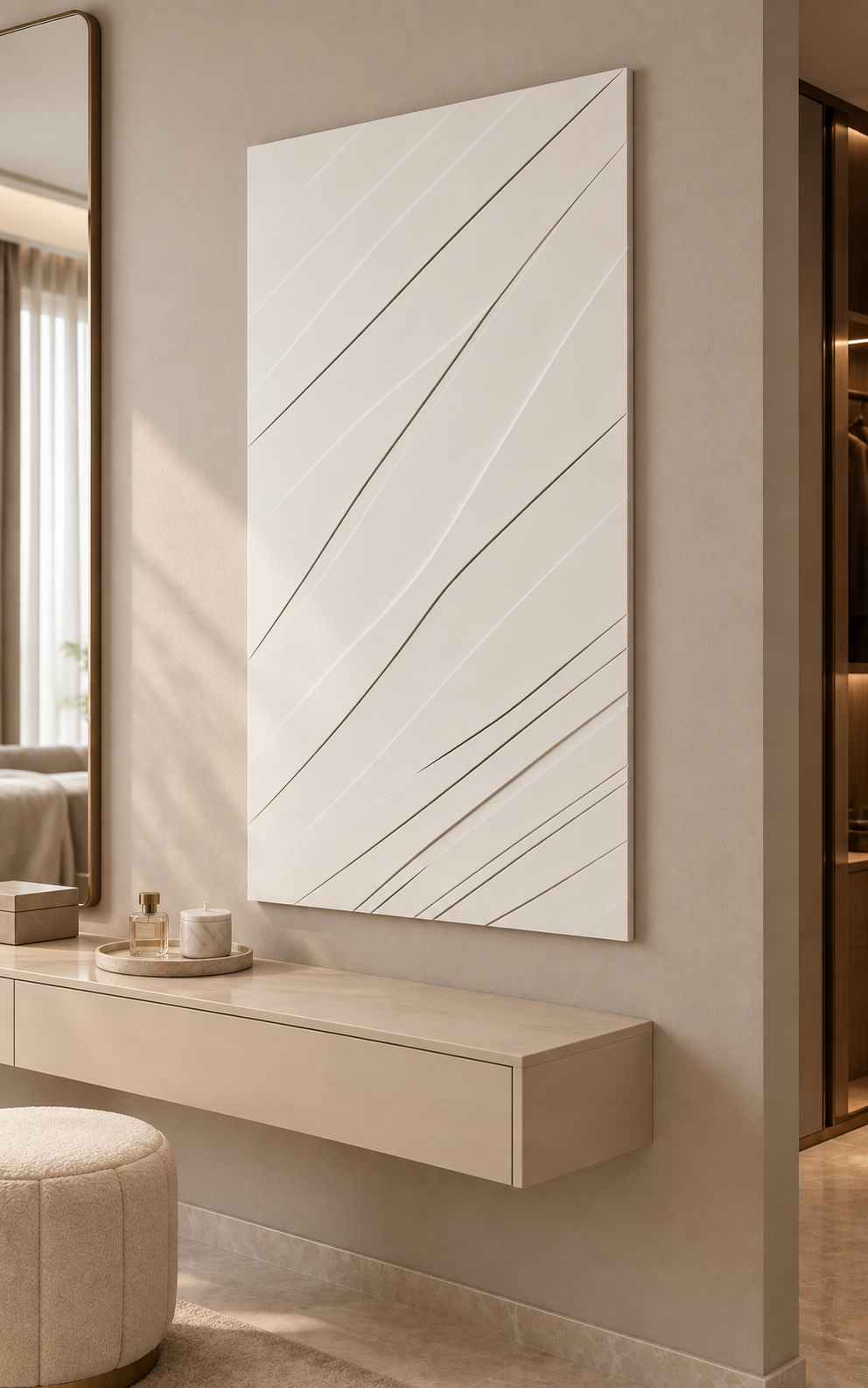 Slanting Dune Traces Corian wall panel, right view in a Mumbai bedroom dressing area; AI-assisted concept visualisation