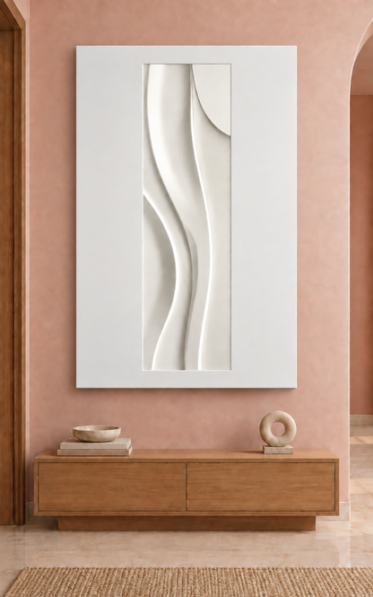 Slender Crest Turn satin white Corian wall panel, front view in a soft rose Mumbai entrance nook with a low oak console.