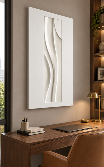 Slender Crest Turn satin white Corian wall panel, left view in a warm-grey Mumbai home study with a walnut writing desk.
