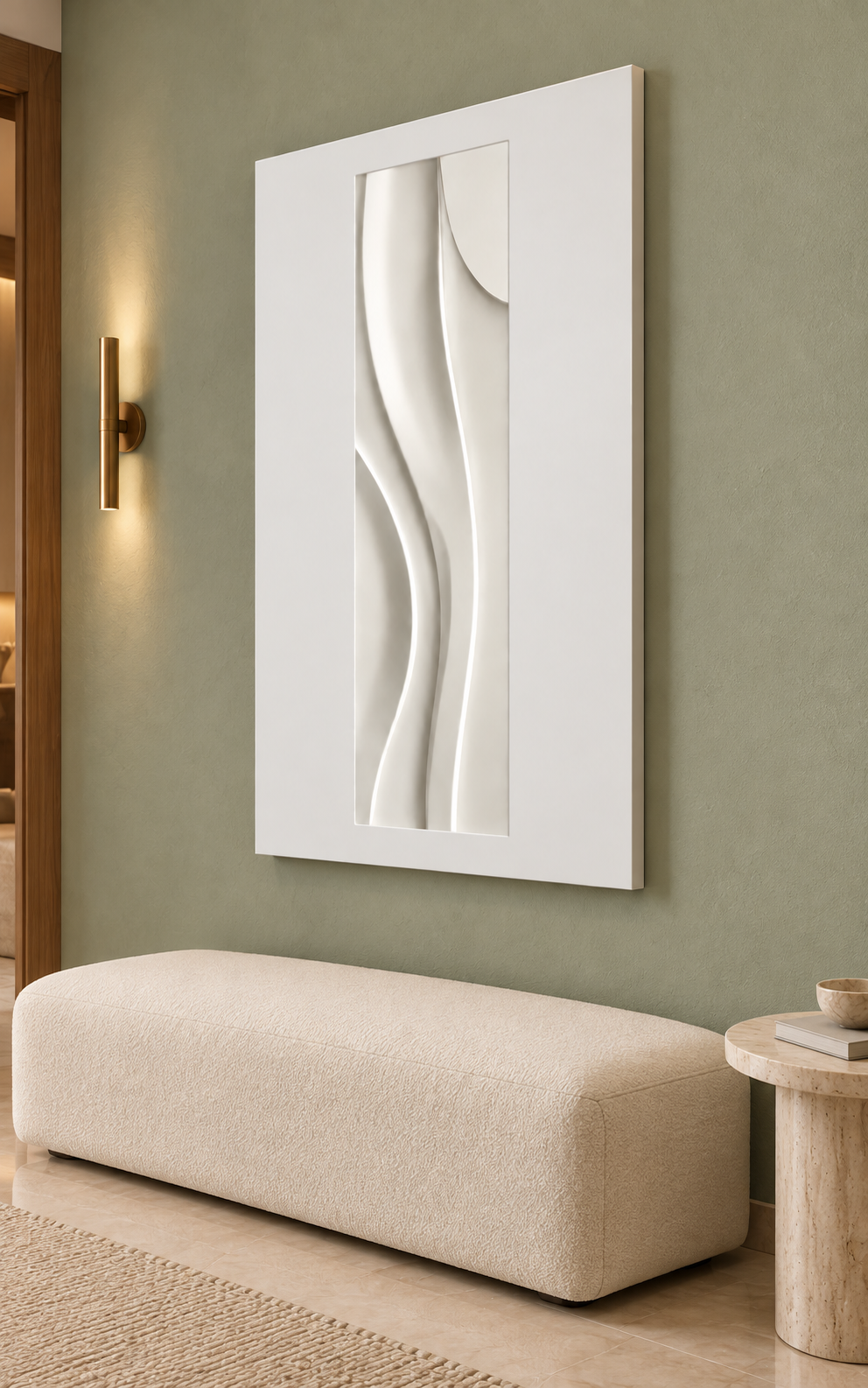 Slender Crest Turn satin white Corian wall panel, right view in a muted sage Mumbai lounge with a cream upholstered bench.