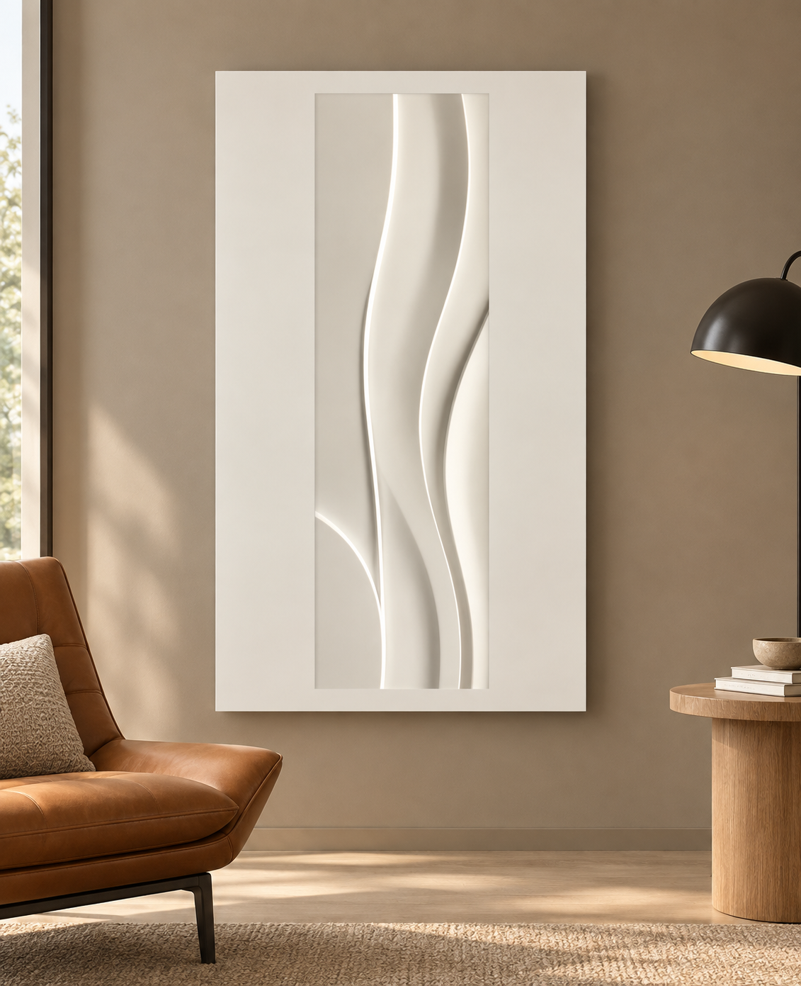 Slender Current Sweep satin white Corian wall panel, front view in a warm taupe Mumbai reading corner with a cognac lounge chair.