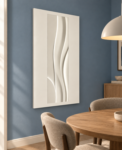 Slender Current Sweep satin white Corian wall panel, left view in a dusty blue Mumbai dining nook with an oak table.